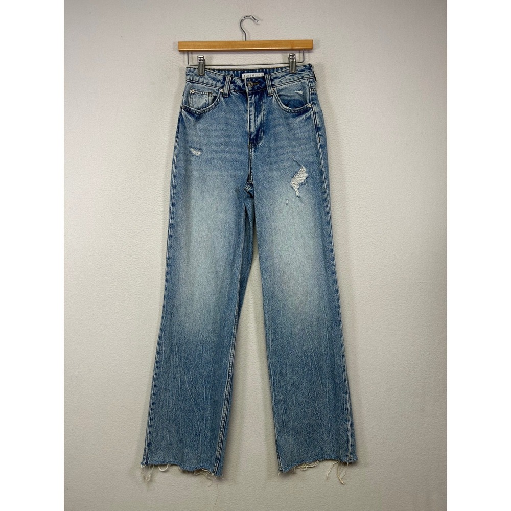 Y2K Grunge Denim Co Womens Size 2 Blue Distressed High Rise Straight Leg Jeans